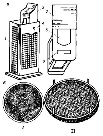 Рис. 56 Стандартная маточная клеточка (а) и колпачок (б) для подсадки маток: